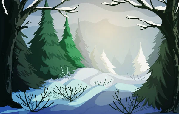 Zimowy Krajobraz Śnieżnymi Wzgórzami Krzewami Drzewami Jodłami Ilustracja Wektora — Wektor stockowy
