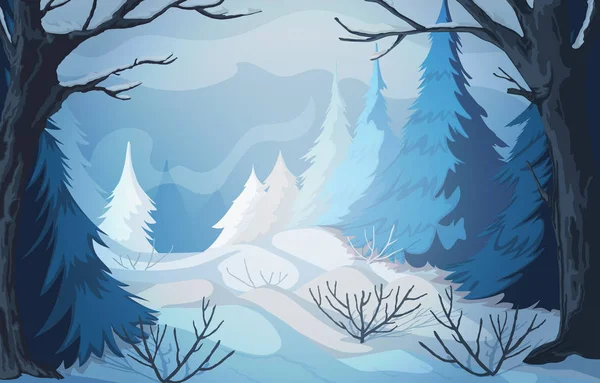 Winterlandschaft Mit Schneebedeckten Hügeln Büschen Bäumen Und Tannen Vektorillustration — Stockvektor