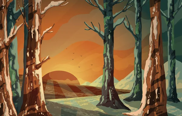 Зимовий Пейзаж Засніженими Пагорбами Деревами Літаючими Птахами Схід Захід Сонця — стоковий вектор