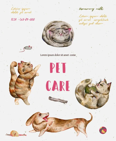 Pet care banner with watercolor cats and dogs. Vet service, cats and dogs care, animals health care, hospital advertising poster design. Hand drawn illustration