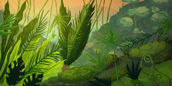 Paisaje Tropical Salvaje Bosque Brumoso Con Plantas Selva Paisaje Misterioso — Vector de stock