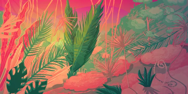 Paisaje Tropical Salvaje Con Plantas Selváticas Paisaje Natural Fantástico Colores — Archivo Imágenes Vectoriales