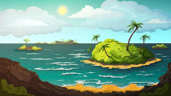 Krajina Ostrovy Oceánu Tropická Pláž Horami Palmami Žlutým Pískem Tyrkysovou — Stockový vektor