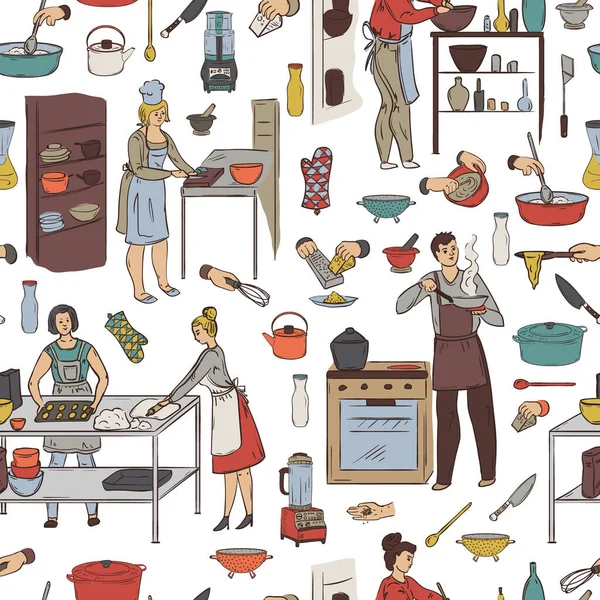无缝图案与烹调人员 厨房用具和器具 一群人在做饭 素描式矢量图解 — 图库矢量图片