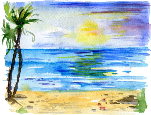 Tropical landscape with beach, sea, palm trees, sun and little crabs. Beach paradise scenery background. Watercolor illustration