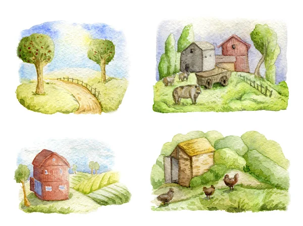 古い農場や農村風景を設定します フィールド 有機農場 地元の食品デザインの概念 水彩手描きイラスト — ストック写真