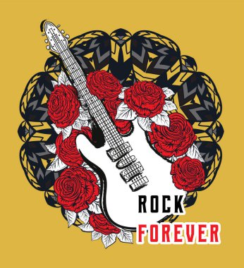 Sonsuza kadar rock. Gitar, süslü mandala arka planında kırmızı güller. Pankart, kart, çıkartma, tişört, iz, dövme, poster tasarımı. Vektör illüstrasyonu