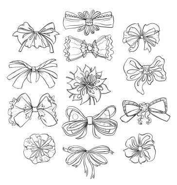 Moda yayları farklı şekillerde ayarlanır. Beyaz arka planda izole edilmiş. Siyah ve beyaz el çizimi vektör çizimi