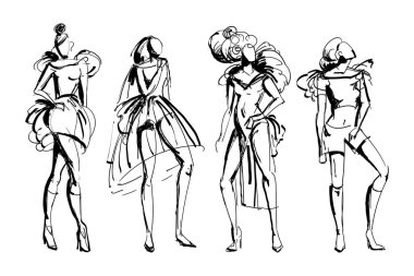 Moda modelleri seti. Soyut stil sahibi kadın figürleri. Ink grunge taslak stili. Beyaz arkaplandaki izole nesneler. Vektör illüstrasyonu