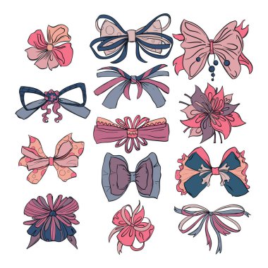 Moda yayları farklı renklerde ve stillerde ayarlanır. Beyaz arka planda izole edilmiş. El çizimi vektör illüstrasyonu