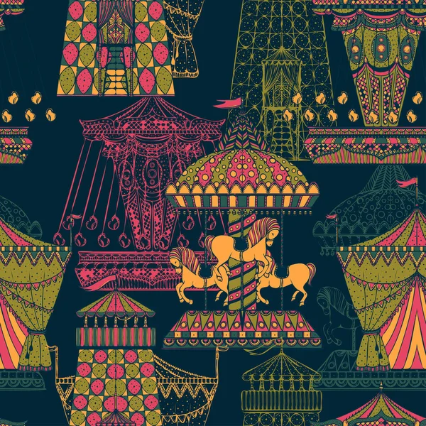 Бесшовный Рисунок Каруселью Палаткой Забавная Тема Винтажная Векторная Иллюстрация — стоковый вектор