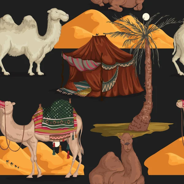 Modelo Sin Costuras Con Camellos Diferentes Poses Dunas Desierto Carpa — Vector de stock