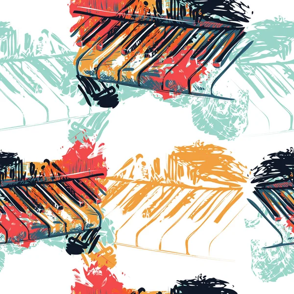 Seamless pattern with abstract piano keyboard in watercolor sketch style. Colorful hand drawn grunge style art for banner, card, t-shirt, fabric, print, wallpaper. Vector illustration