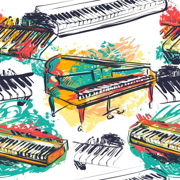 Бесшовный Рисунок Абстрактной Фортепианной Клавиатурой Роялем Синтезатором Стиле Акварели Красочные — стоковый вектор