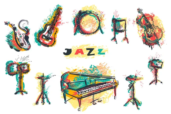 Jazz Muziek Party Poster Met Muziekinstrumenten Collectie Piano Saxofoon Gitaar — Stockvector