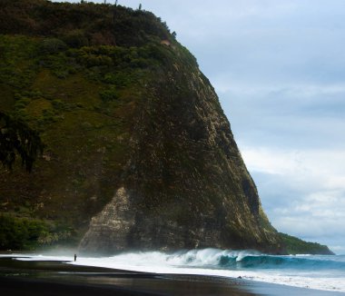Dramatic size perspective of man standing on the beach in waipio valley on the big island of hawaii clipart