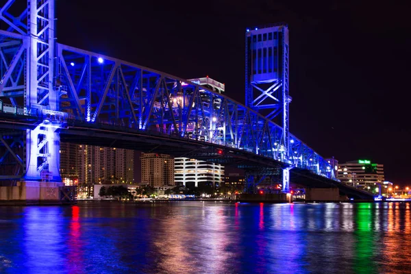 Gece Atış Johns Nehri Jacksonville Florida Mavi Ana Cadde Köprüsü Stok Fotoğraf