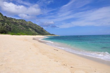 Mokuleia Beach Park 'taki beyaz kumlu plaj, Kaena Point Oahu Adası, Hawaii, ABD.
