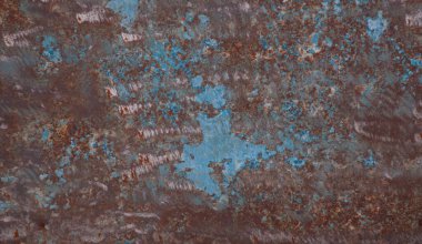 Pas mavisi boya kalıntıları olan eski demir levha.