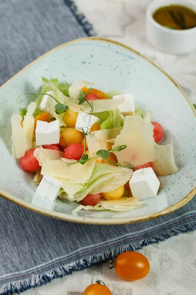 Watermelon Salad Cheese Light Background — Stock Photo, Image