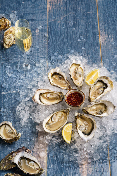 oysters with lemon and figs sauce and ice