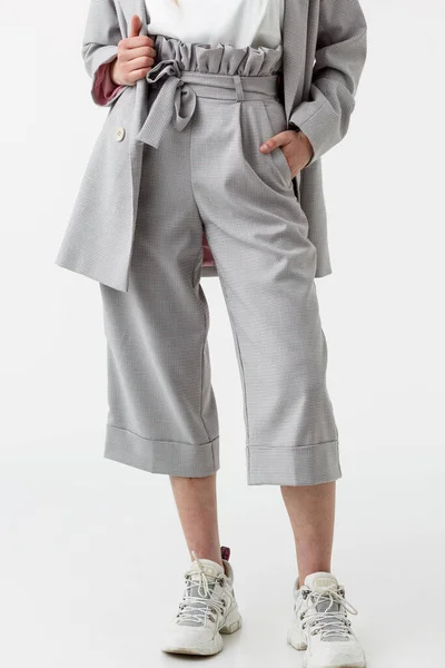 Girl Grey Capri Shorts White Background — Stock Photo, Image