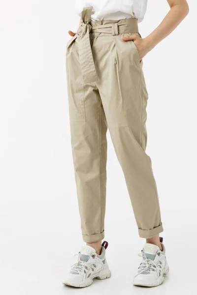 Junges Mädchen Pastellfarbenen Hosen Auf Weißem Hintergrund — Stockfoto