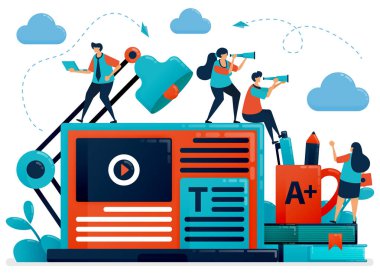 Gelecekteki eğitim için evde eğitim. Danışmanlık, kurs, eğitim, bilgisayarlı ve internetli sınavlar. Dijital öğrenme, video, blog. Vektör illüstrasyonu, iniş sayfası, kart, afiş, broşür, broşür