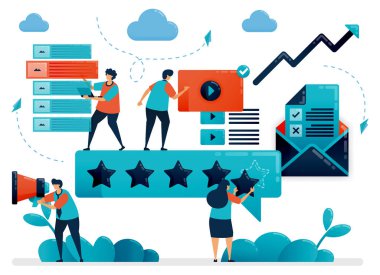 5 star for best content on social media. Choose content with highest rating. Give feedback for digital content, video, article. Flat cartoon character for landing page, website, mobile, flyer, poster clipart