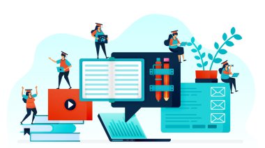E-öğrenmenin vektör çizimi öğrencinin öğrenmesini kolaylaştırır. Laptop ve internetle uzaktan öğrenme. Çevrimiçi ev işleri, kurslar ve açık bilgi eğitimi. Kırtasiye ve kitap yığını