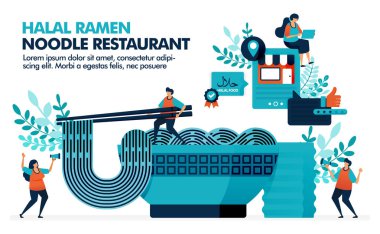 Çubuklu ramen eriştesinin vektör çizimi. Şehirdeki helal Japon yemek restoranlarının yeri. Helal ramen ve orintel mutfağını gözden geçir. Bir bardak yeşil çayla erişte.