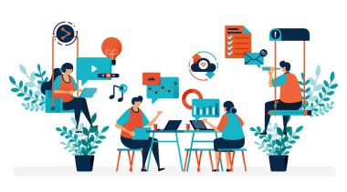 Sorunu çözmek için beyin fırtınası. Salıncaklı bir ofis. Modern işyeri ya da ortak çalışma alanı. Oyna ve çalış. İniş sayfası, web, web sitesi, afiş, mobil, el ilanı, poster için düz vektör illüstrasyonu