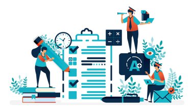 Fill in test sheet with a check and cross. Get an A+ on exam or class promotion test. Verify exam results. Flat vector illustration for landing page, web, website, banner, mobile apps, flyer, poster