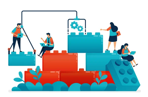 Takım çalışması ve iş ve iş problemleri çözmede işbirliği üzerine lego oyunları oluşturun. Çocukların liderliği ve ortaklığı için inşaat modeli. Web sitesi, afiş, yazılım, poster
