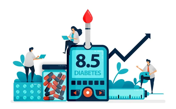 医生和人们用血糖计检查血糖水平 2型糖尿病检查 非传染性疾病的饮食 检查胰岛素 小册子 单张图解 — 图库矢量图片