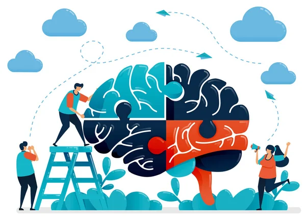 Brainstorming Solve Brain Puzzles Metaphor Teamwork Collaboration Intelligence Handling Challenges — Stock Vector