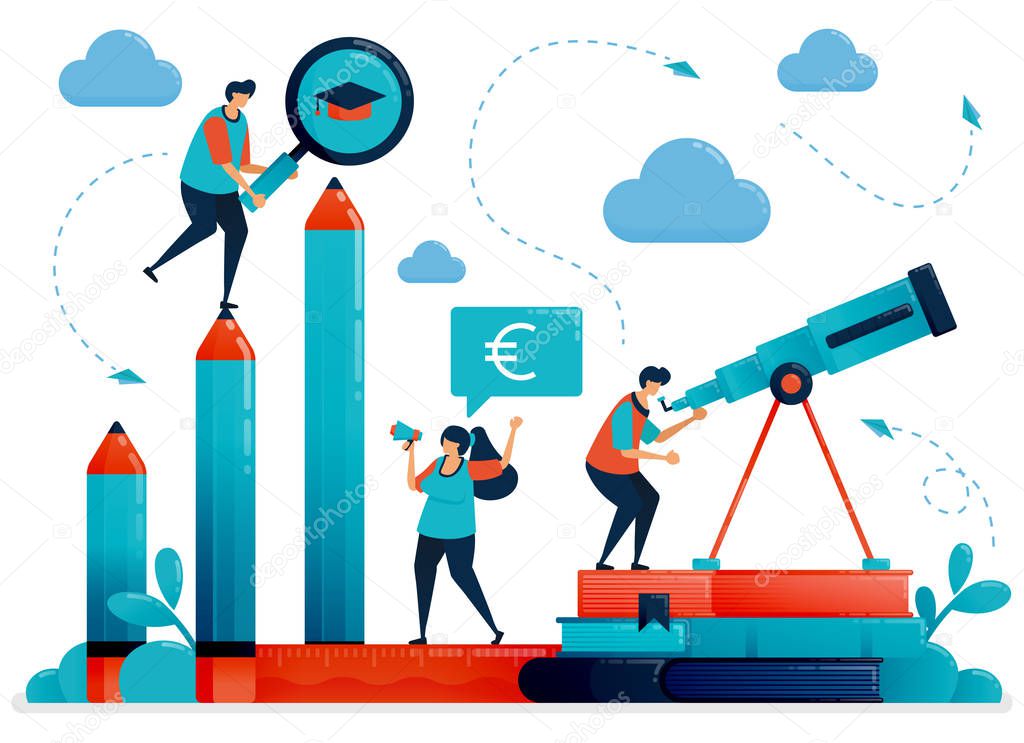 Student learning level with charts and pencil. Looking into future with education. Scholarships, charts, fees for study and training.Vector illustration, landing page, card, banner, brochure, flyer