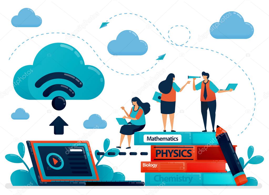 Online learning or e-learning with cloud internet database. Store schoolwork and textbook on laptops. Study modern education technology.Vector illustration, landing page, card, banner, brochure, flyer