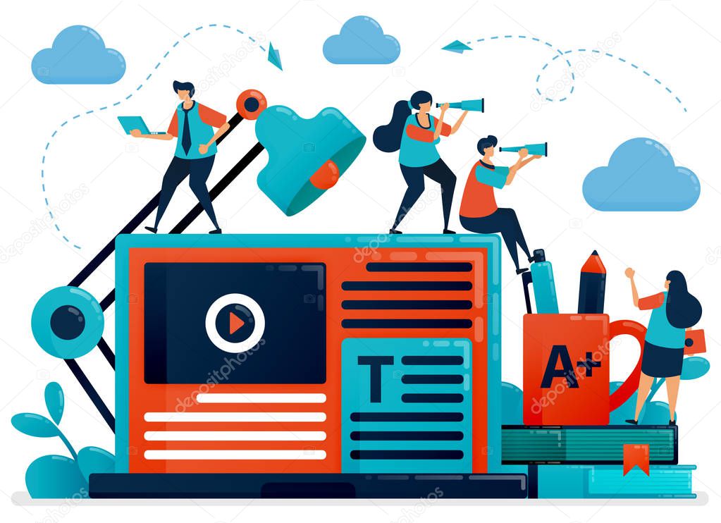 Homeschooling for future education. Consultations, courses, training, exams with laptops and online. Digital learning, video, blogging.Vector illustration, landing page, card, banner, brochure, flyer