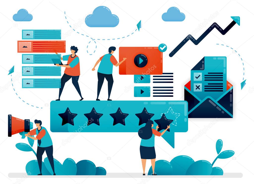 5 star for best content on social media. Choose content with highest rating. Give feedback for digital content, video, article. Flat cartoon character for landing page, website, mobile, flyer, poster