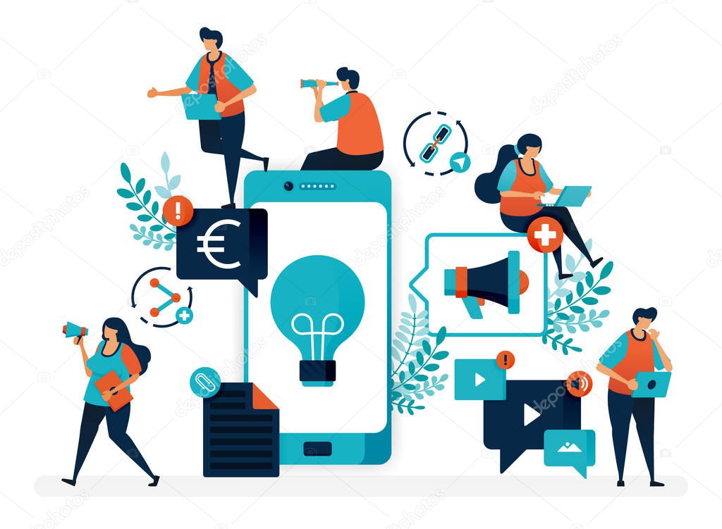 Business ideas by promoting products via mobile. Advertising and marketing with smartphone to profit. Flat vector illustration for landing page, web, website, banner, mobile apps, flyer, poster, ui