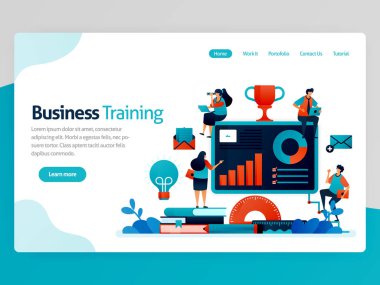 İniş sayfası için vektör çizimi. İş ve Girişimcilik Semineri. Strateji analizi için istatistikleri oku. Grafik ve muhasebe çizelgesi. Ana sayfa başlığı web sayfası şablon uygulamaları