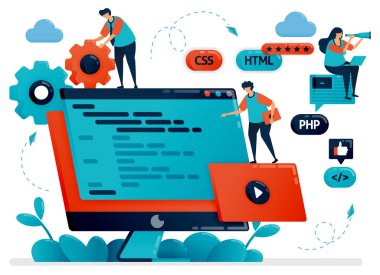 Tasarım programı, web, monitör ekranında veya masaüstünde uygulamalar. Programlama geliştirmede takım çalışması. Hata ayıklama işlemi. Web sitesi başlığı indirme web sayfası şablonu için vektör illüstrasyonu