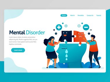 Zihinsel bozukluğun bir yansıması. Çoklu kişilik. Olumsuz ve pozitif akıl. Üzüntü, mutluluk ve yalnızlık duygularla yüzleşir. Web sitesi başlığı indirme web sayfası şablonu uygulamaları için vektör karikatürü