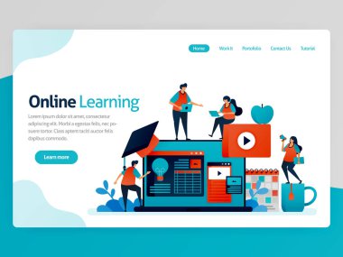 Çevrimiçi iniş sayfası için vektör illüstrasyonu. Mesafe öğrenme. Eğitimsel verimlilik fikri. Muhasebe dersi, öğrenme platformu, özel ders videosu. Ana sayfa başlığı web sayfası şablon uygulamaları