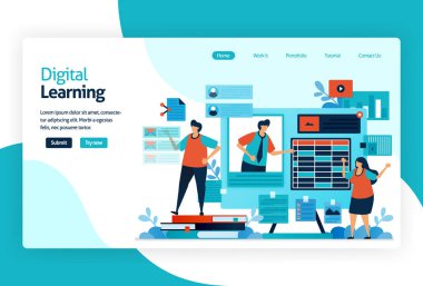 Dijital öğrenme için iniş sayfasının çizimi. Bilgi, beceri, değer, inanç ve alışkanlıkları aktarmak için etkili bir teknoloji ya da öğretici uygulama. adaptif ve analitik