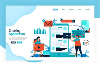 Sohbet uygulamasının iniş sayfası. Sosyal mesaj uygulamaları. Durum güncellemeleri için sosyal ağ platformları, sohbet robotları, tartışmalar, konuşmalar, dosyalar, resimler, videolar. Web sitesi ve mobil uygulamalar için tasarlandı