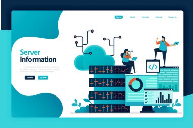 Sunucu bilgilendirme sayfası tasarımı. Veritabanı, veri merkezi, büyük veri, sunucu odası ve istatistik analizindeki bilgi akışını düzenle. Poster, web sitesi, broşür, mobil uygulama için vektör çizimi