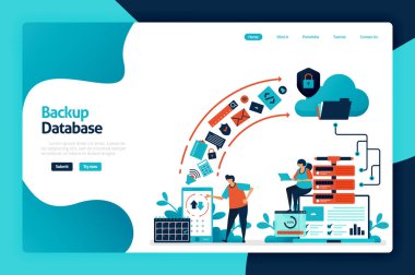 Yedek veritabanı iniş sayfası tasarımı. Bulut ve sunucuya internet yedekleme hizmetleriyle kişisel verileri güvence altına alın. veri merkezi ve ağ sistemi. Poster, web sitesi, broşür, mobil uygulama için vektör çizimi