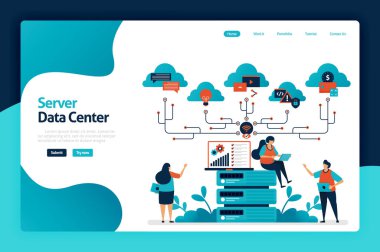 Sunucu veri merkezi iniş sayfası tasarımı. Veritabanında veri depolama ve analiz hizmetleri, hesaplama desteği ve büyük veri yönetim hizmetleri. Poster, web sitesi, broşür, mobil uygulama için vektör çizimi